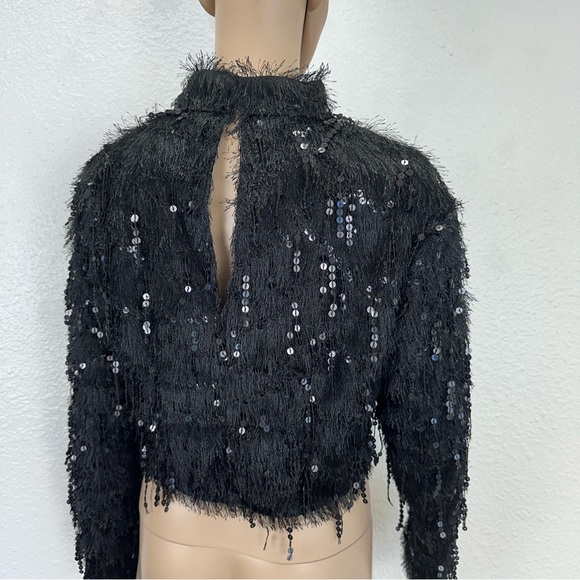 H&M Cropped Black top fluffy sequined weave Mock neck Holiday Collection S - Picture 7 of 10